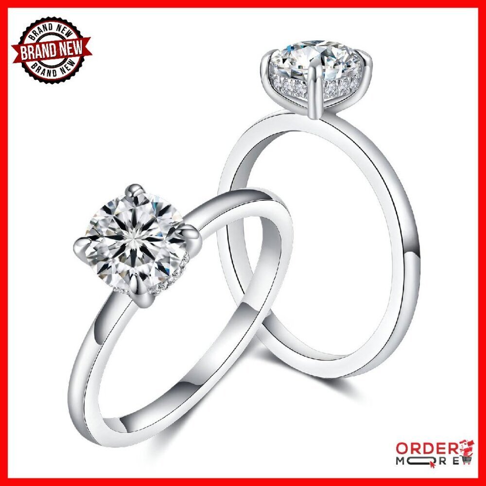 1CT Round Cut Hidden Halo Engagement Ring 18K White Gold Plated Sterling Silver